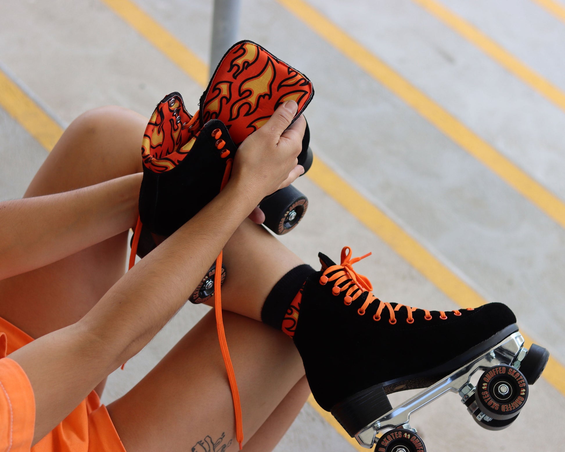Chuffed Skates black roller skates inside lining with fire print pattern