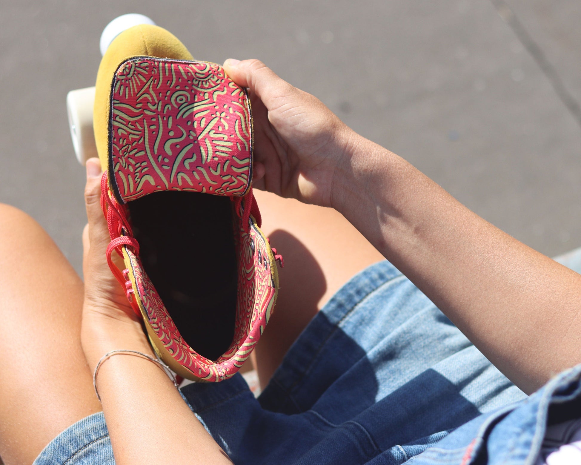 Chuffed Skates yellow roller skates inside aboriginal print lining